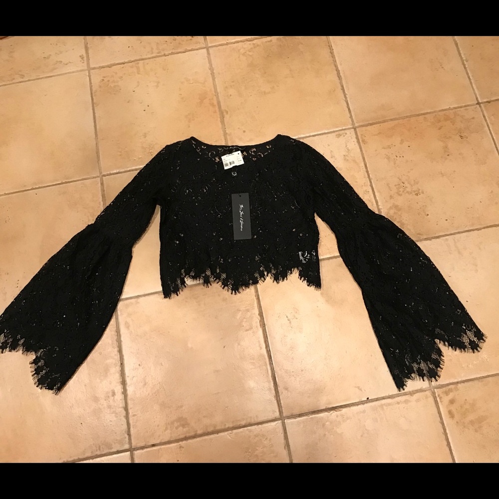fab black lace top with bell sleeves NWT